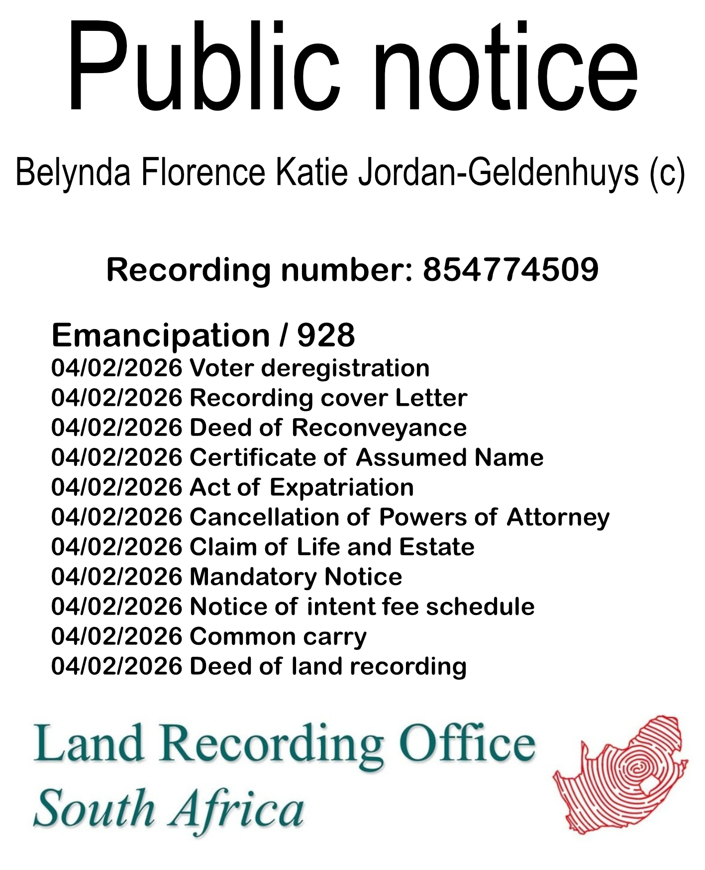Public notice Belynda Florence Katie Jordan-Geldenhuys (c) Recording number 854774509